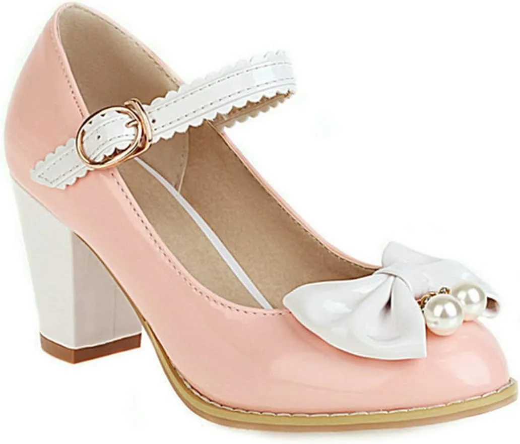 VOKLIN Women's Girls Lolita Sweet Bow Mary Jane Pumps Ankle Strap Platform Block High Heel Oxford Dress Shoes
