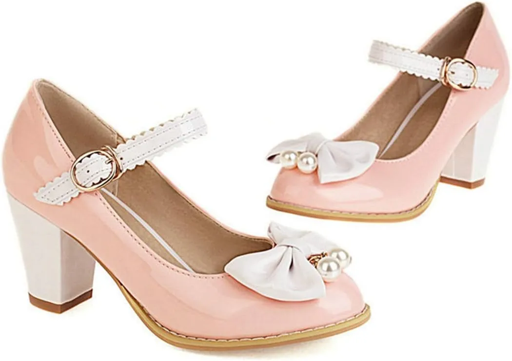 VOKLIN Women's Girls Lolita Sweet Bow Mary Jane Pumps Ankle Strap Platform Block High Heel Oxford Dress Shoes