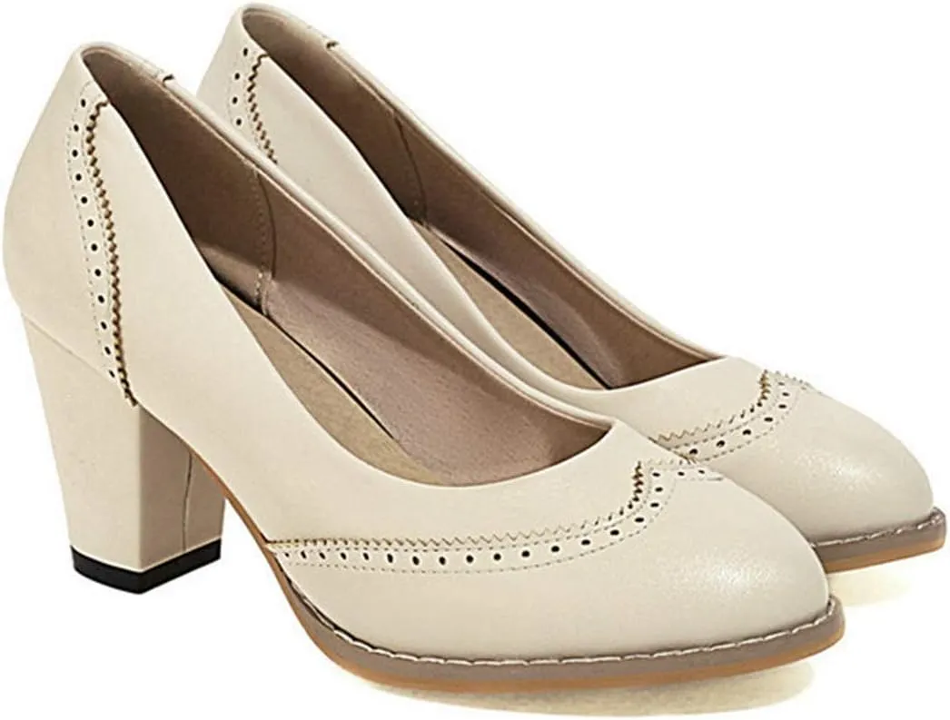 VOKLIN Women's Vintage Round Toe Oxford Pumps Perforated Brogues Leather Chunky Block High Heel Dress Shoes