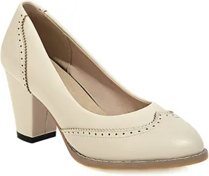 VOKLIN Women's Vintage Round Toe Oxford Pumps Perforated Brogues Leather Chunky Block High Heel Dress Shoes