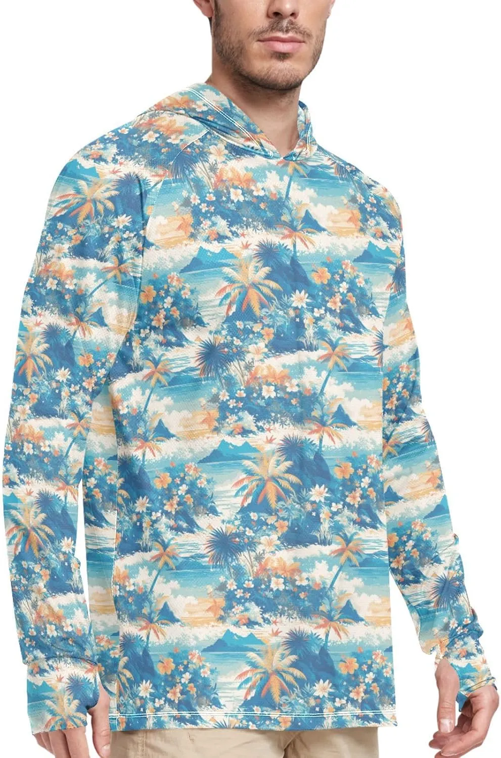Watercolour Tropical Sun Shirt Hoodie for Men Long Sleeve Fishing Shirt UPF 50  Sailing Rash Guard Hooded Rashguard for Men