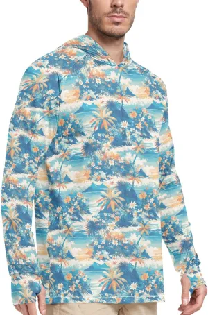 Watercolour Tropical Sun Shirt Hoodie for Men Long Sleeve Fishing Shirt UPF 50  Sailing Rash Guard Hooded Rashguard for Men