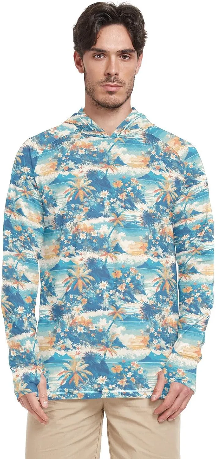 Watercolour Tropical Sun Shirt Hoodie for Men Long Sleeve Fishing Shirt UPF 50  Sailing Rash Guard Hooded Rashguard for Men