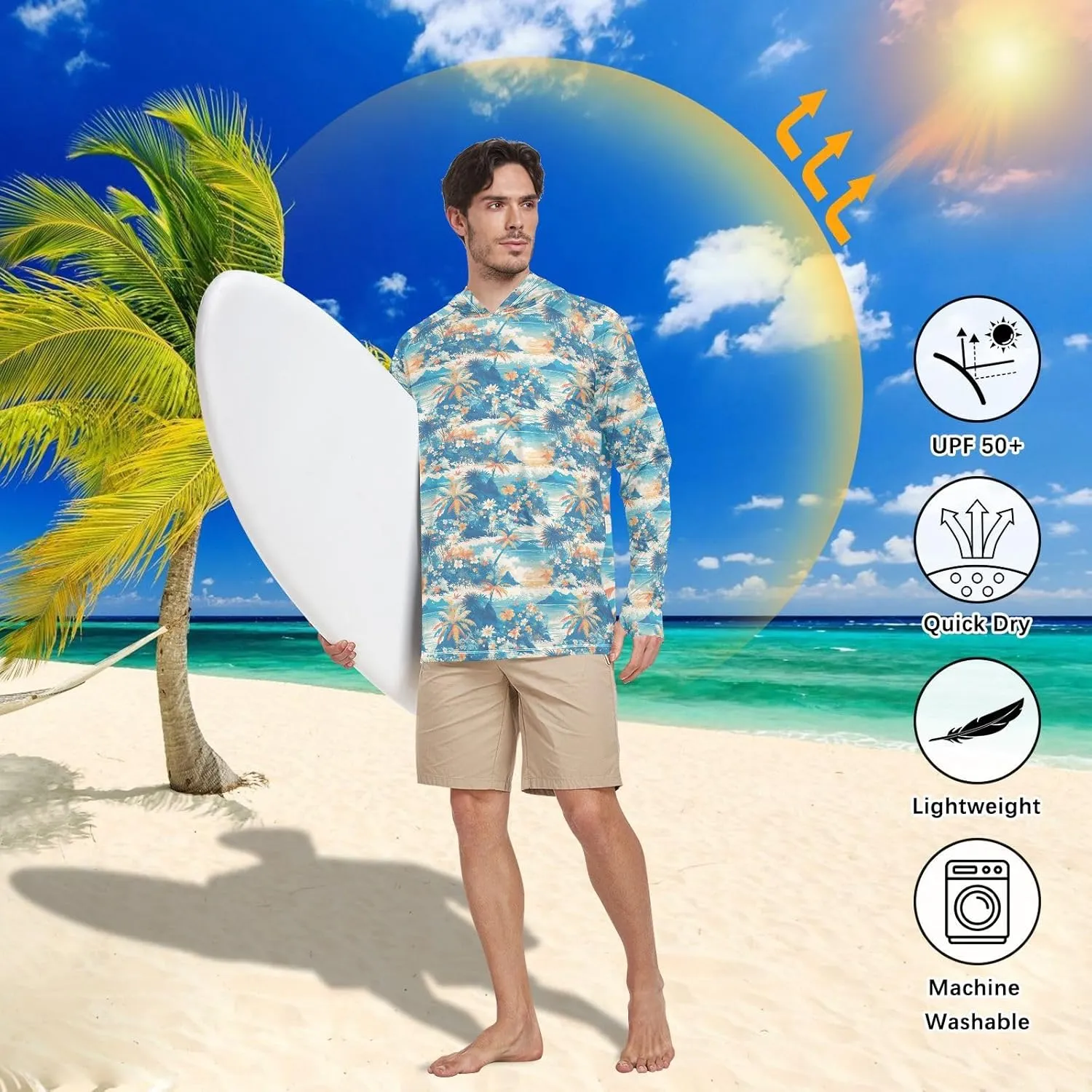 Watercolour Tropical Sun Shirt Hoodie for Men Long Sleeve Fishing Shirt UPF 50  Sailing Rash Guard Hooded Rashguard for Men