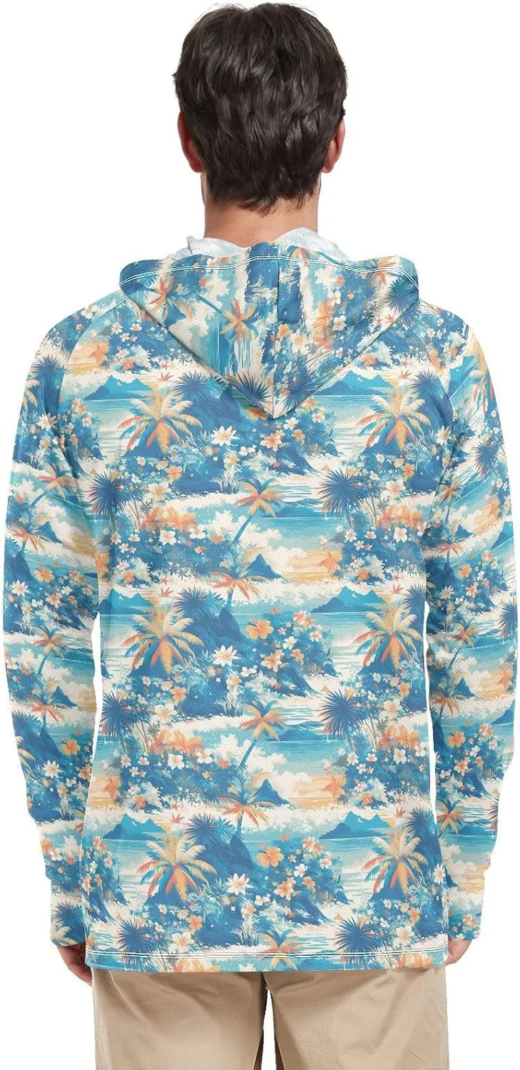 Watercolour Tropical Sun Shirt Hoodie for Men Long Sleeve Fishing Shirt UPF 50  Sailing Rash Guard Hooded Rashguard for Men