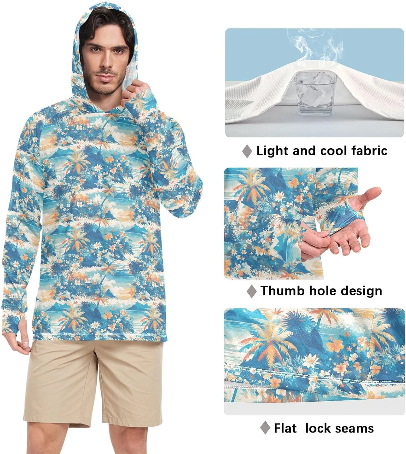 Watercolour Tropical Sun Shirt Hoodie for Men Long Sleeve Fishing Shirt UPF 50  Sailing Rash Guard Hooded Rashguard for Men