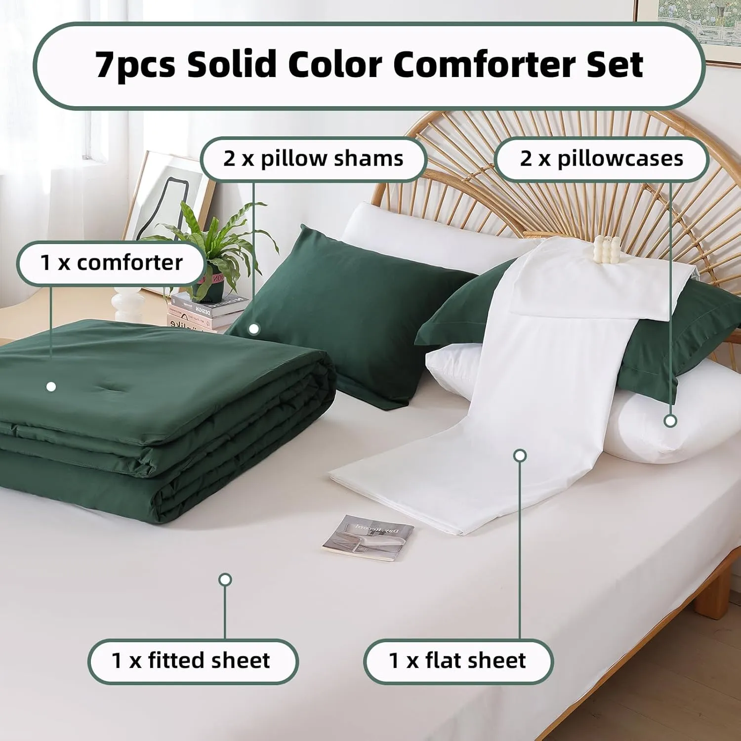weigelia Emerald Green Comforter Set 7 Pieces Queen Comforter Set Bed in a Bag Queen Size Bedding Set with Sheets for All Season