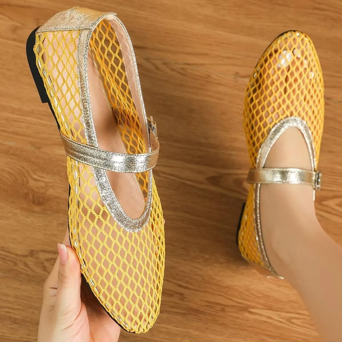 WENJIAZHIZHI Mesh Ballet Flats for Women Buckle Strap Comfy Breathable Shoes Casual Ballerina Shoes