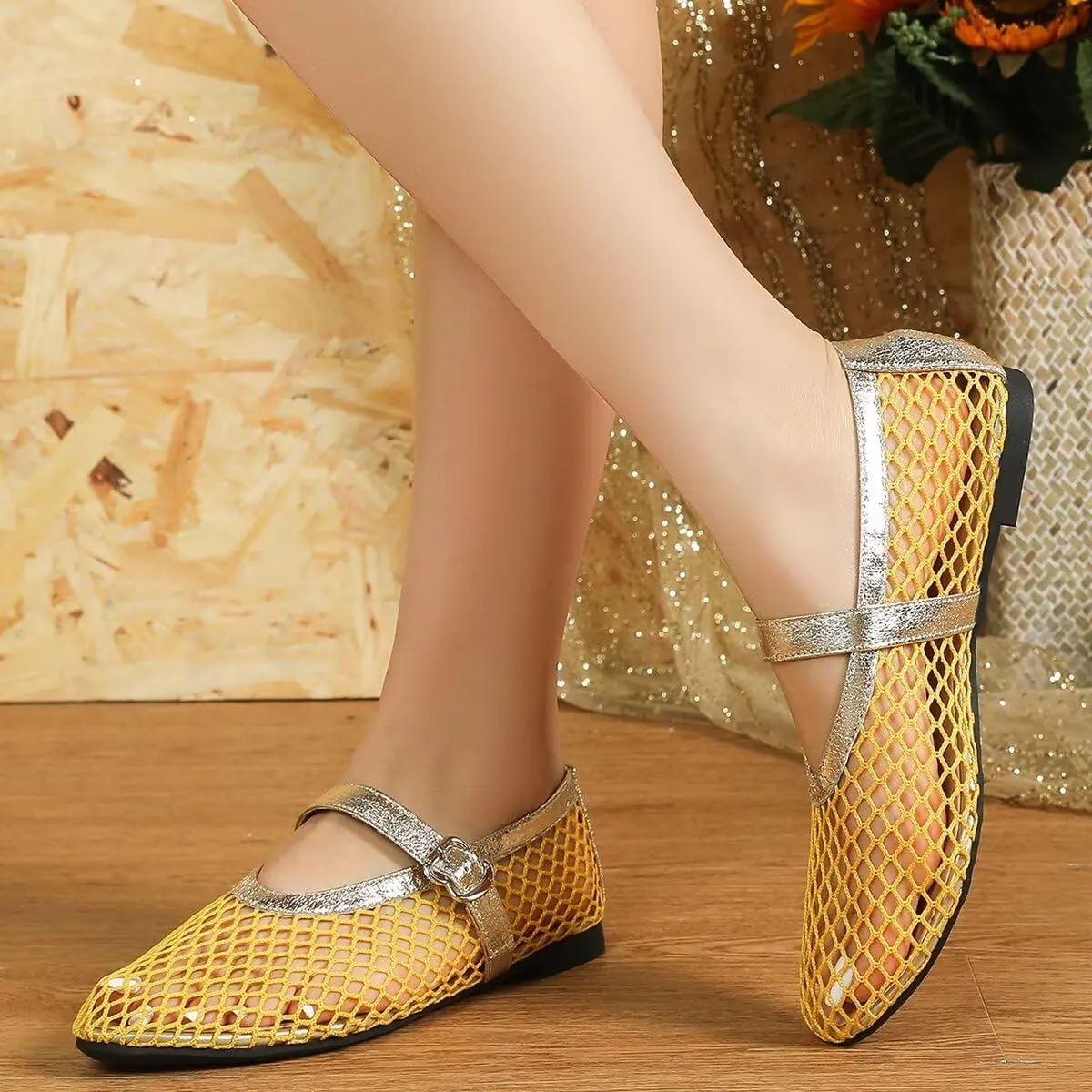 WENJIAZHIZHI Mesh Ballet Flats for Women Buckle Strap Comfy Breathable Shoes Casual Ballerina Shoes