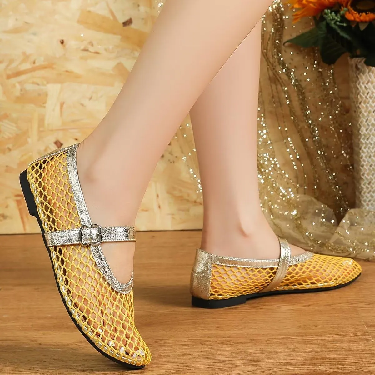 WENJIAZHIZHI Mesh Ballet Flats for Women Buckle Strap Comfy Breathable Shoes Casual Ballerina Shoes