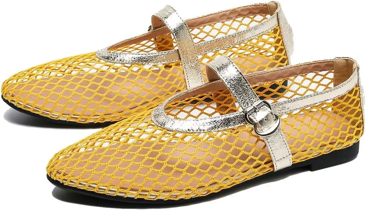 WENJIAZHIZHI Mesh Ballet Flats for Women Buckle Strap Comfy Breathable Shoes Casual Ballerina Shoes