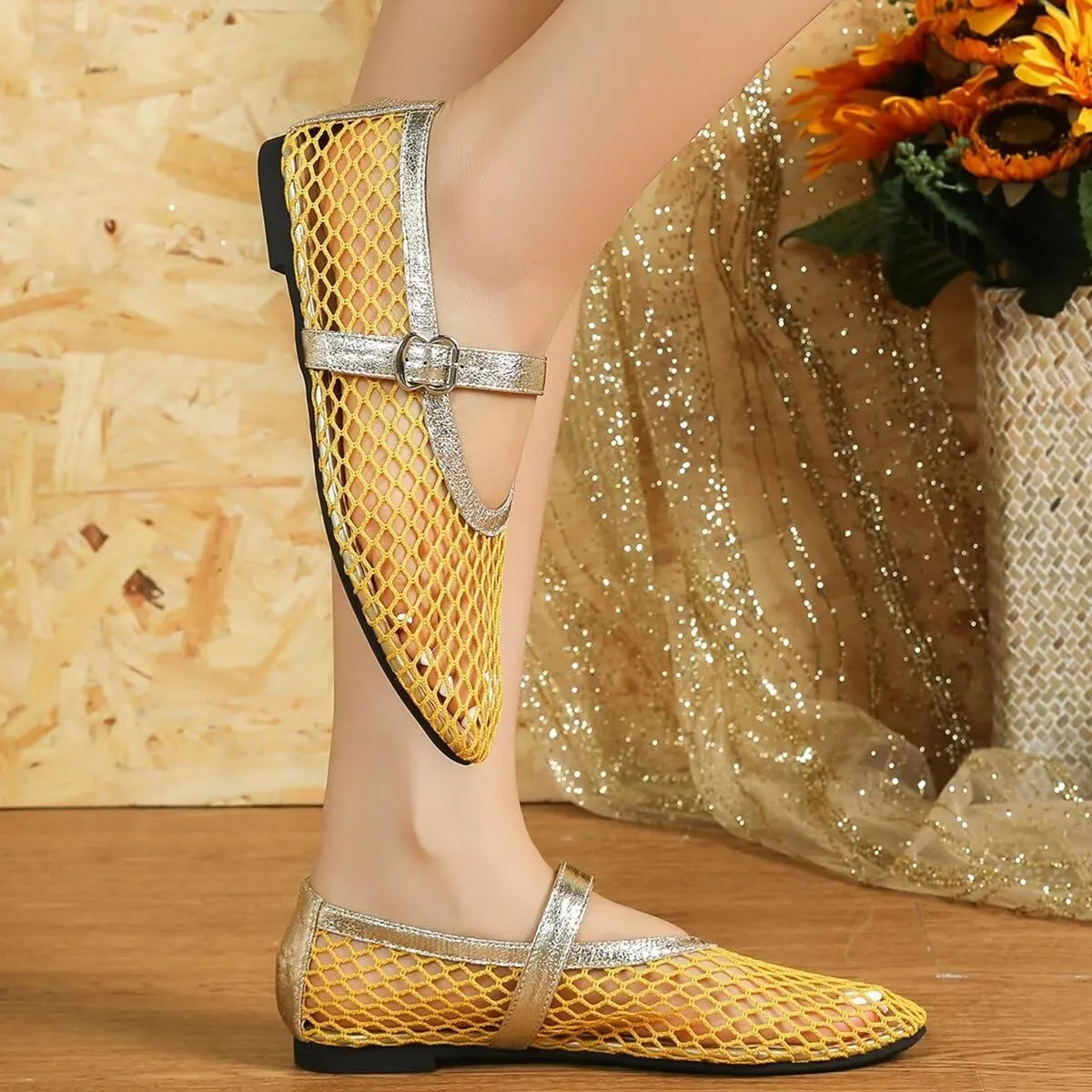 WENJIAZHIZHI Mesh Ballet Flats for Women Buckle Strap Comfy Breathable Shoes Casual Ballerina Shoes