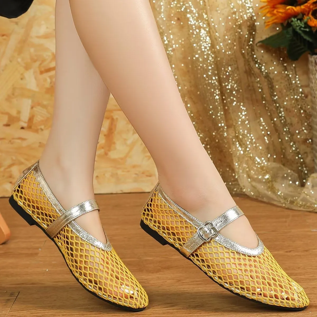 WENJIAZHIZHI Mesh Ballet Flats for Women Buckle Strap Comfy Breathable Shoes Casual Ballerina Shoes