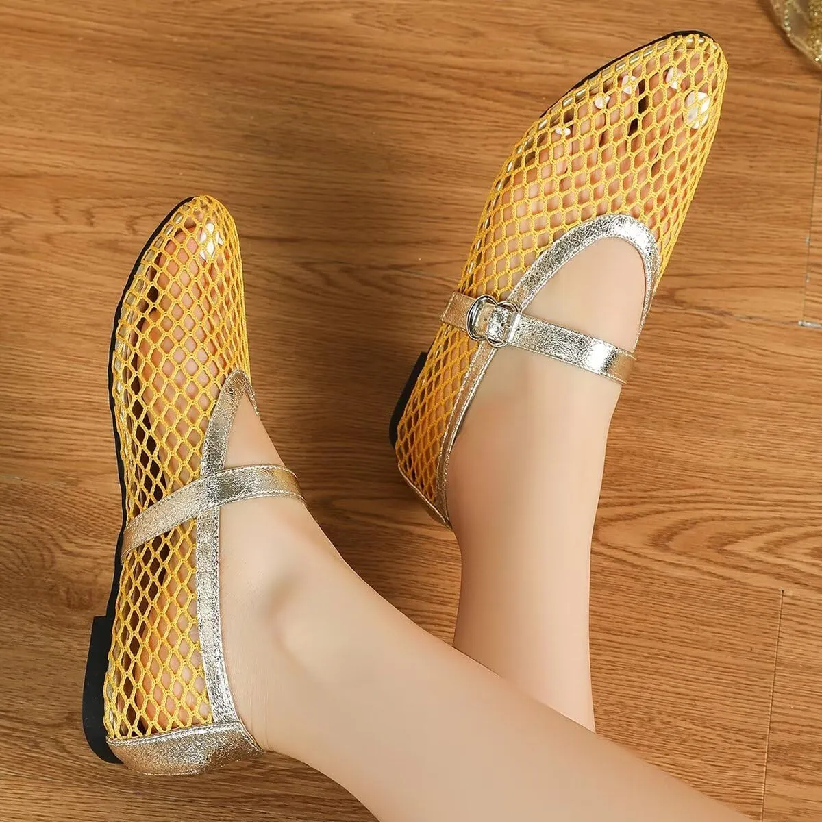 WENJIAZHIZHI Mesh Ballet Flats for Women Buckle Strap Comfy Breathable Shoes Casual Ballerina Shoes