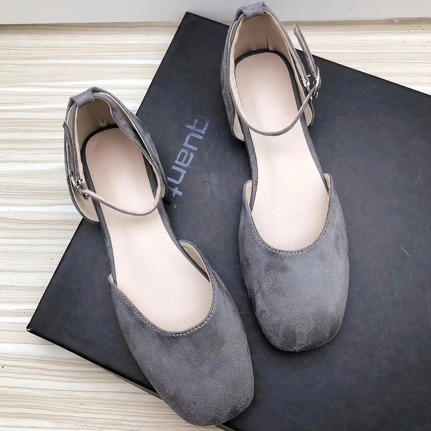 WENJIAZHIZHI Women Square Toe Ankle Buckle Flat Sandals All-Match Comfortable Dressy Wedding Ballets Flats