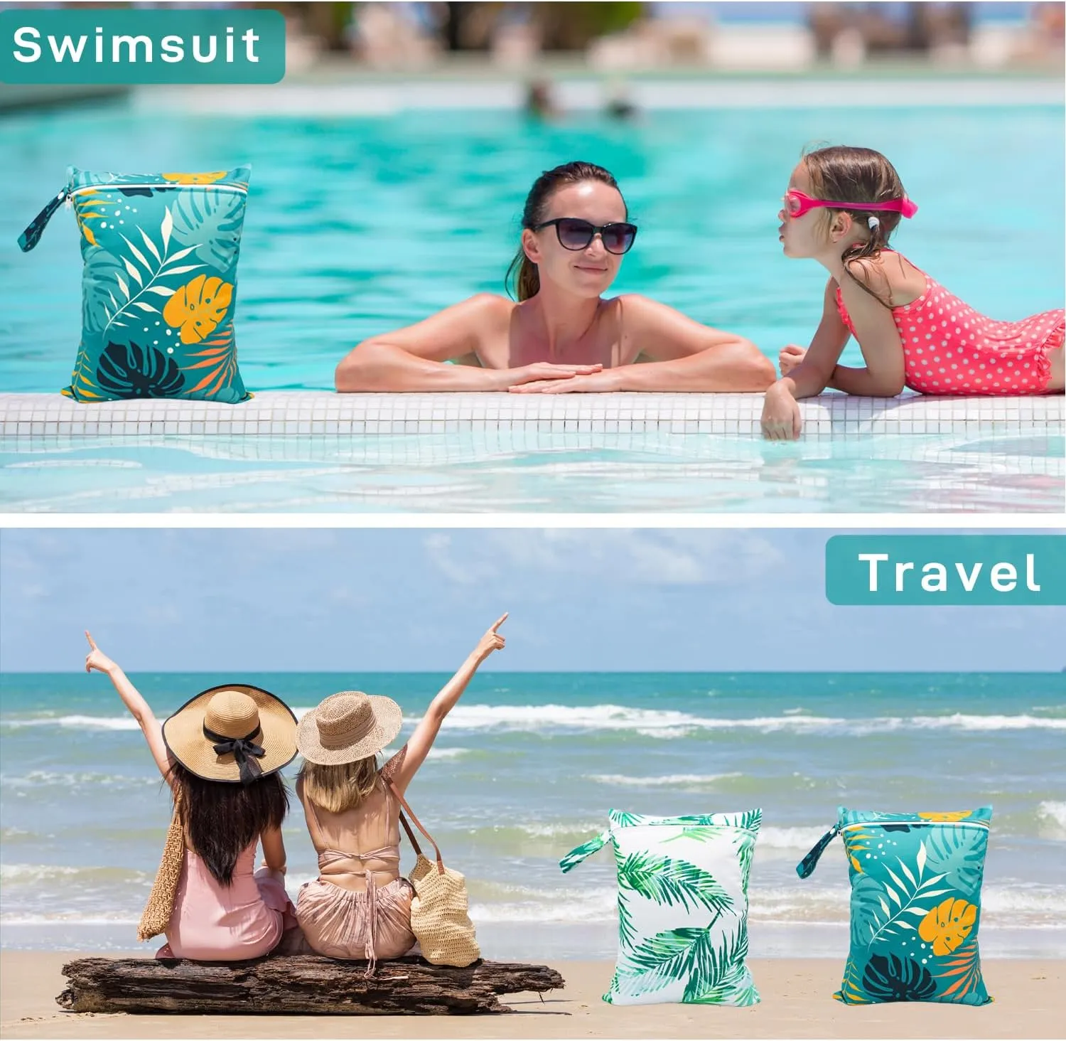 Wet Dry Bag Waterproof Reusable Wet Bag for Swimsuit, Travel, Beach, Pool, Bathing Suit, Diapers, Dirty Yoga Gym Clothes Daycare Organizer One Zippered Pocket (green leaf 2), YLN770