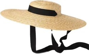 Wide Brim Flat Hat 10Cm 15Cm Brim Straw Hat Flat Top Women's Summer Hat Black Ribbon Sun Hat Beach Hat
