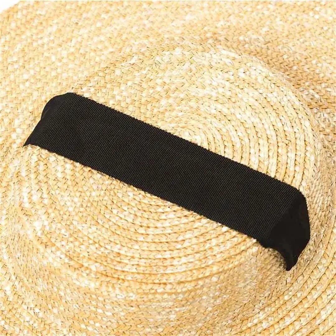 Wide Brim Flat Hat 10Cm 15Cm Brim Straw Hat Flat Top Women's Summer Hat Black Ribbon Sun Hat Beach Hat