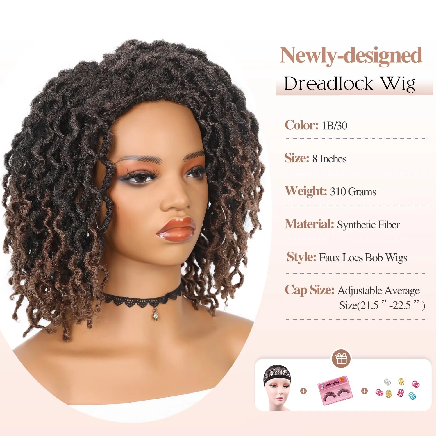 WIGER Short Faux Locs Hair Wigs Glueless Dreadlock Wig for Black Women Ombre Brown Curly Bob Twisted Wigs African American Hair 1B/30 Afro Kinky Synthetic Dreads Wig