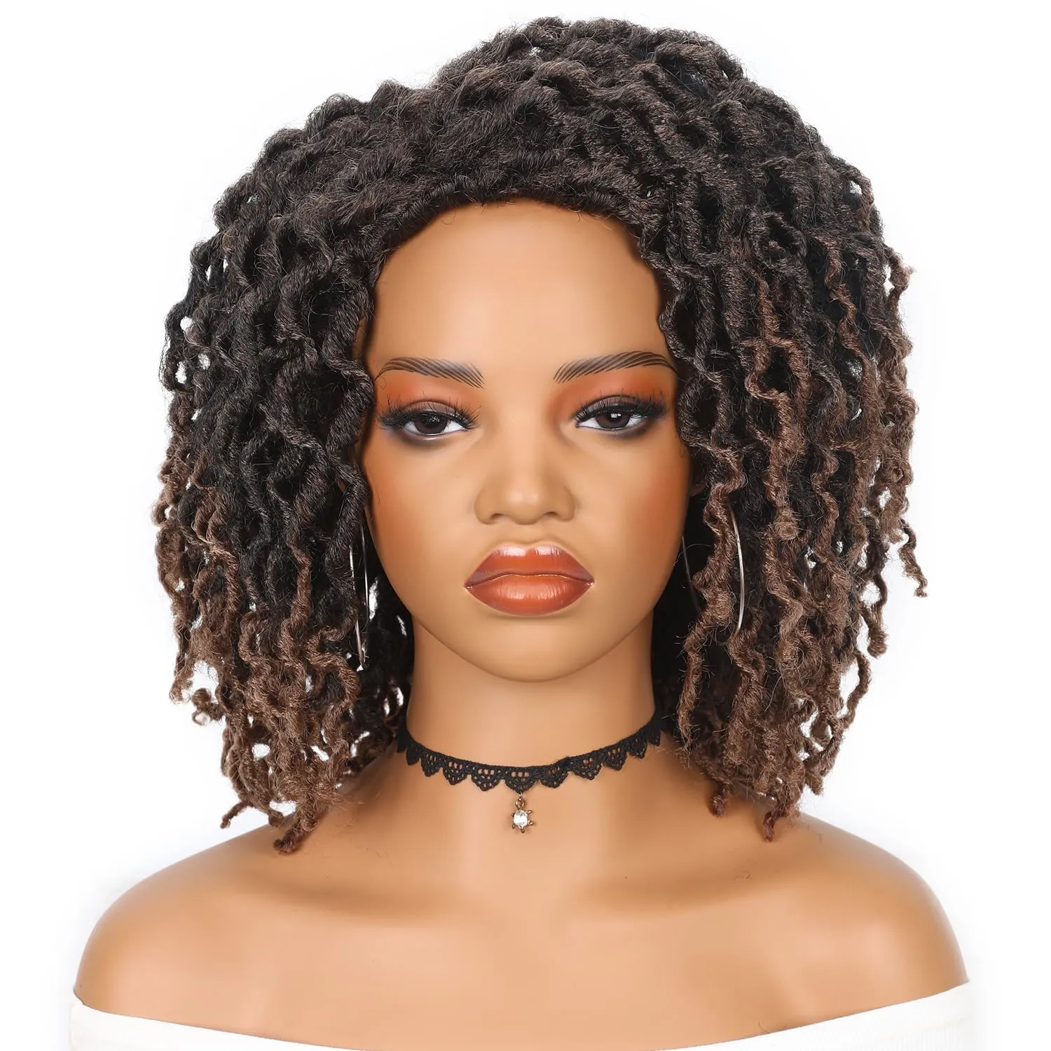 WIGER Short Faux Locs Hair Wigs Glueless Dreadlock Wig for Black Women Ombre Brown Curly Bob Twisted Wigs African American Hair 1B/30 Afro Kinky Synthetic Dreads Wig