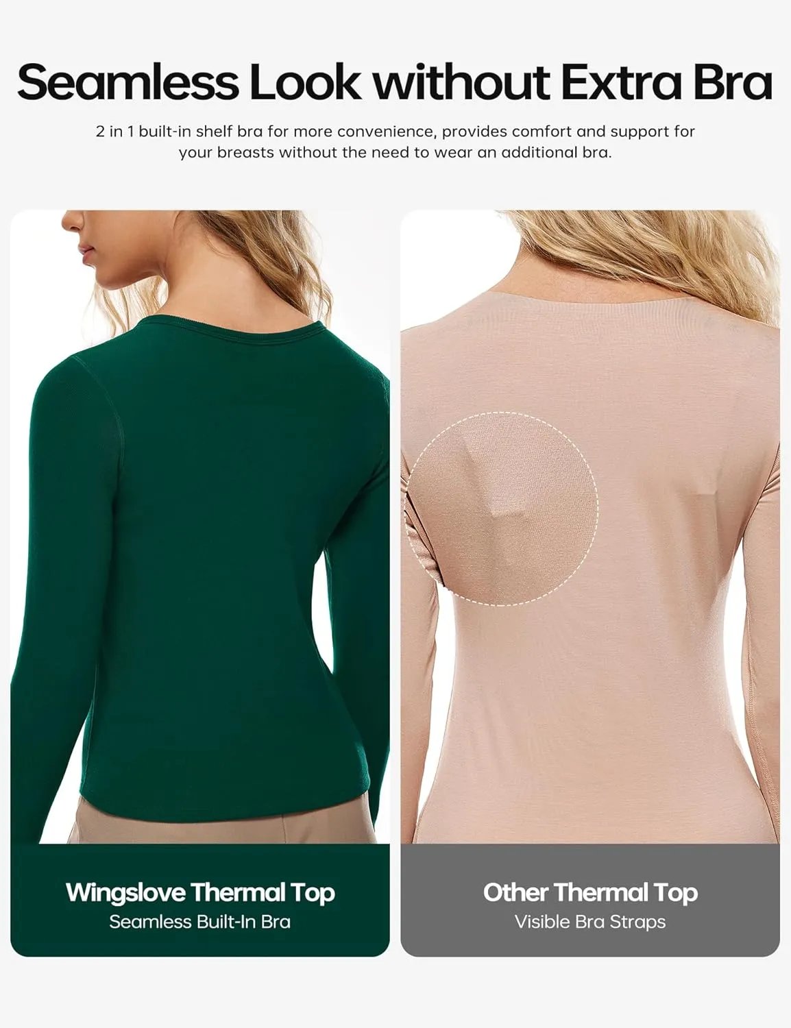 Wingslove Women's Long Sleeve Shirts Thermal Tops V Neck Built in Bra Cold Weather Fit Warm Base Layer Outfits
