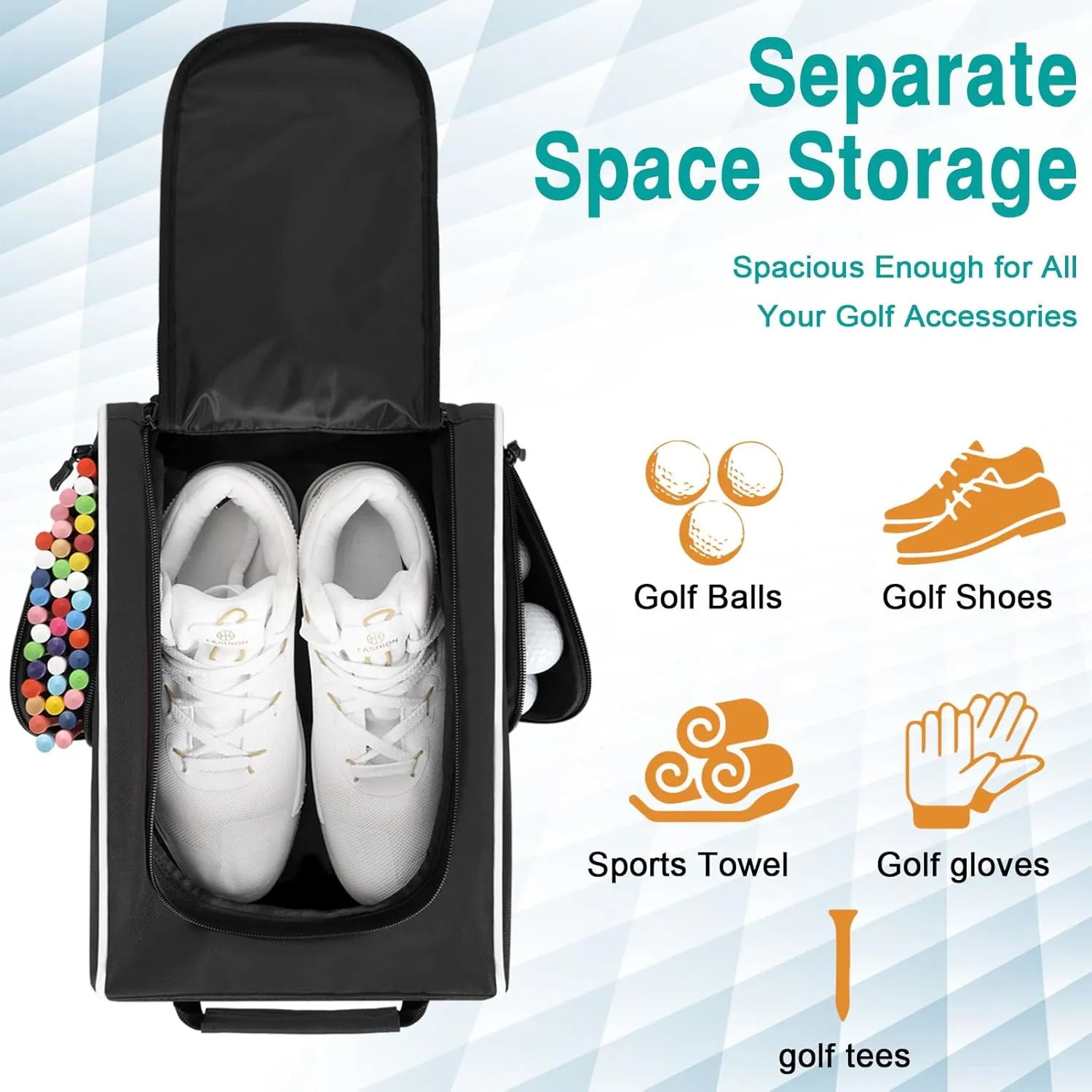Wolt |Golf Shoe Bag for Travel- Zippered Shoes Carrier Bags with Ventilation & Double Outside Accessory Pocket for Socks, Tees, Golf Balls, etc. for women and men (Black)