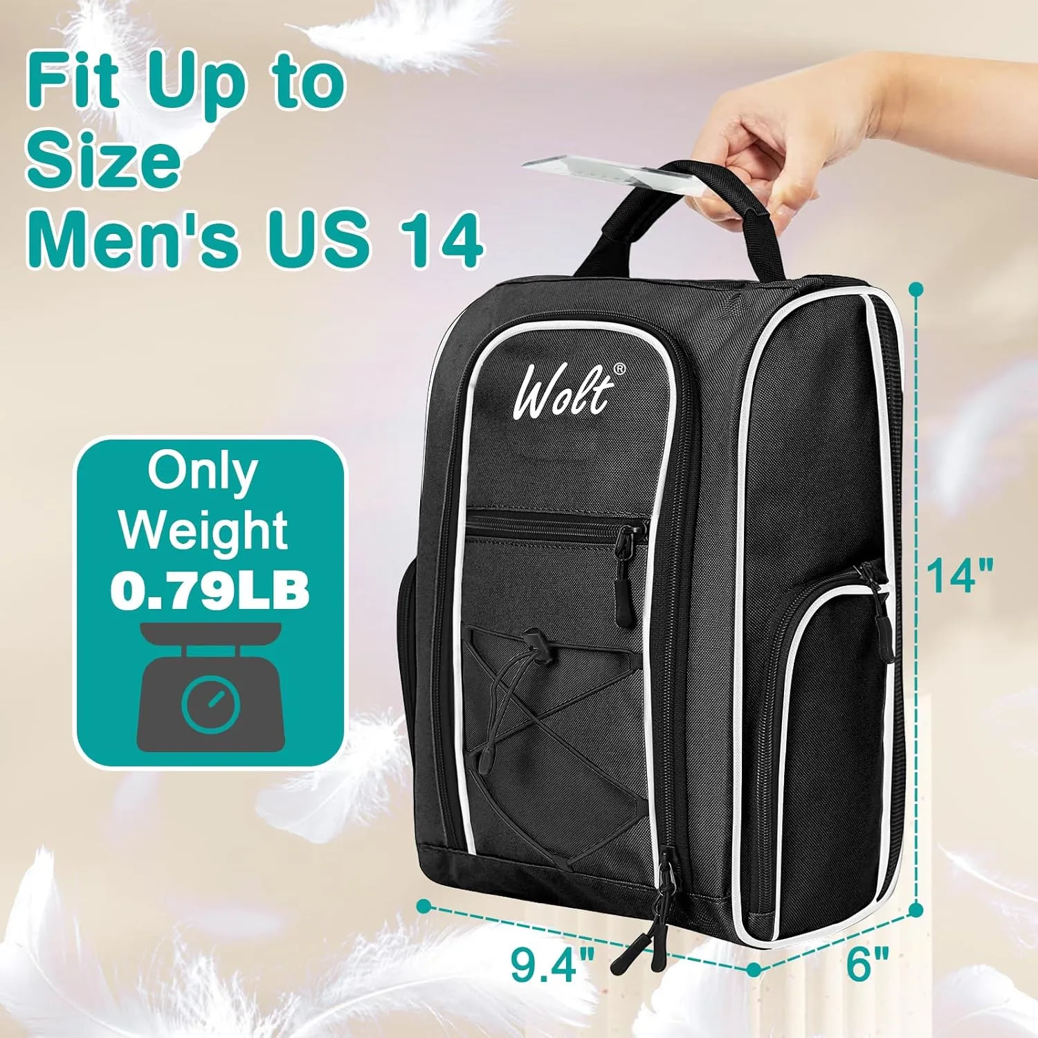 Wolt |Golf Shoe Bag for Travel- Zippered Shoes Carrier Bags with Ventilation & Double Outside Accessory Pocket for Socks, Tees, Golf Balls, etc. for women and men (Black)