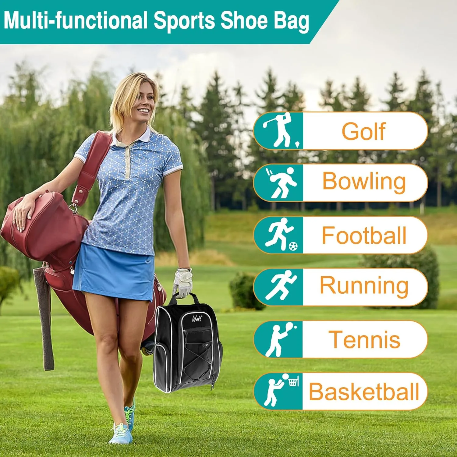 Wolt |Golf Shoe Bag for Travel- Zippered Shoes Carrier Bags with Ventilation & Double Outside Accessory Pocket for Socks, Tees, Golf Balls, etc. for women and men (Black)