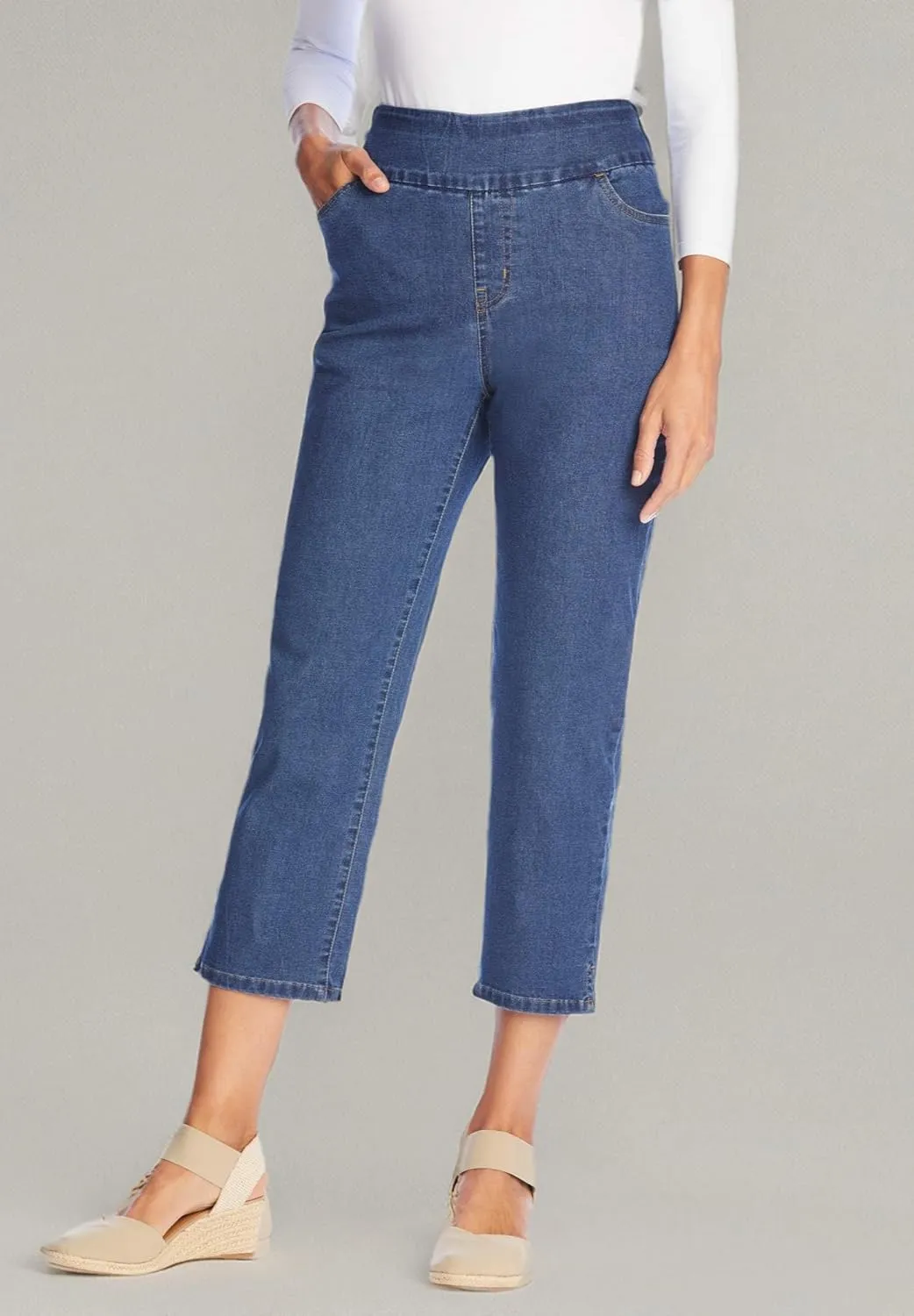 Woman Within Plus Size Flex-Fit Pull-On Denim Capri