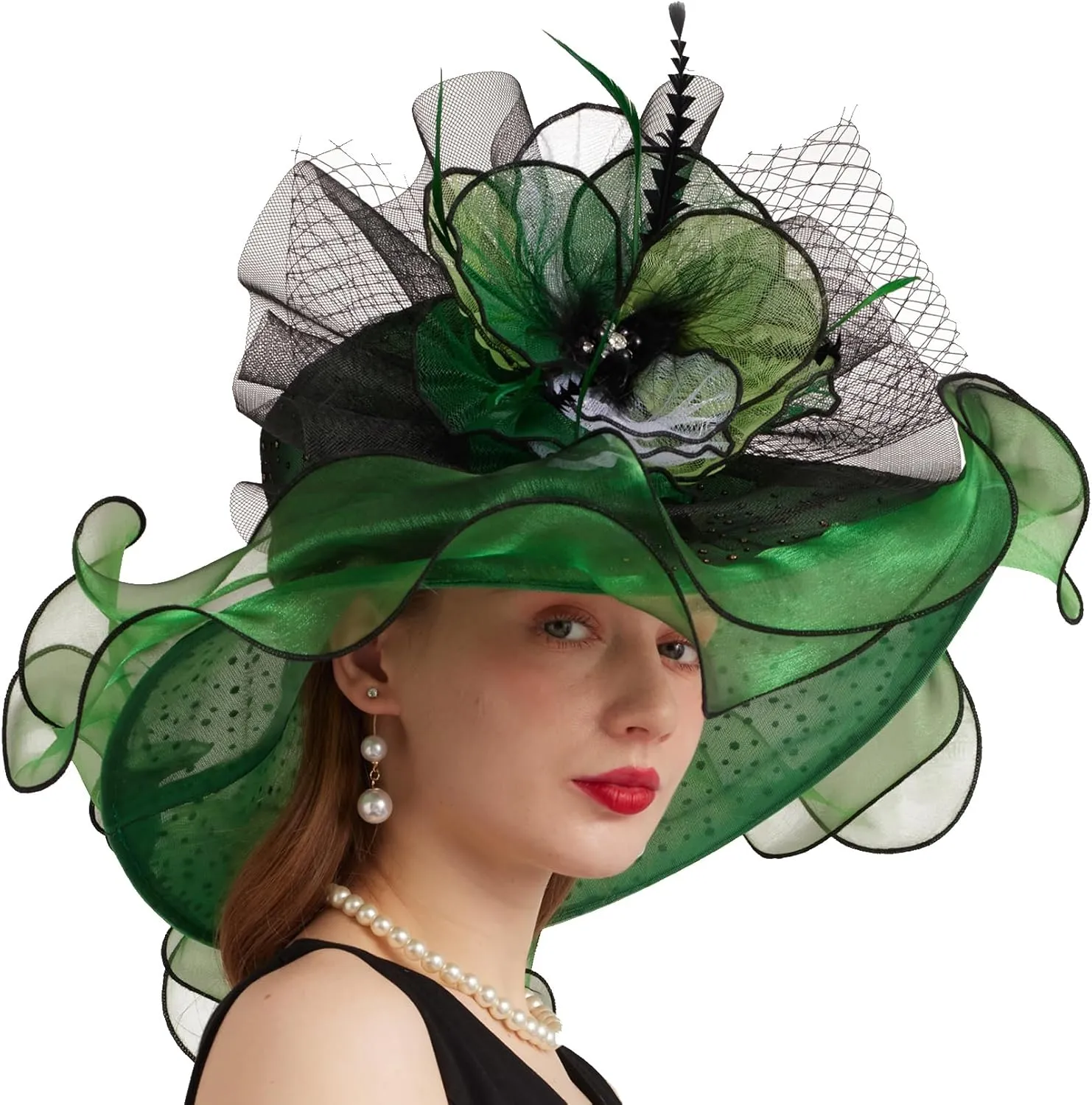 Women Elegant Organza Derby Hat Wide Brim Sun Hats for Wedding Tea Party Fascinator Hat