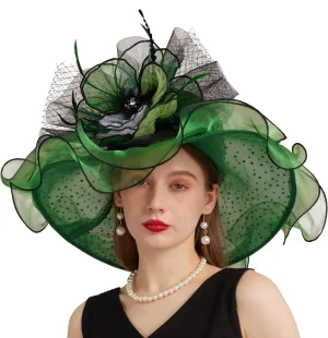 Women Elegant Organza Derby Hat Wide Brim Sun Hats for Wedding Tea Party Fascinator Hat