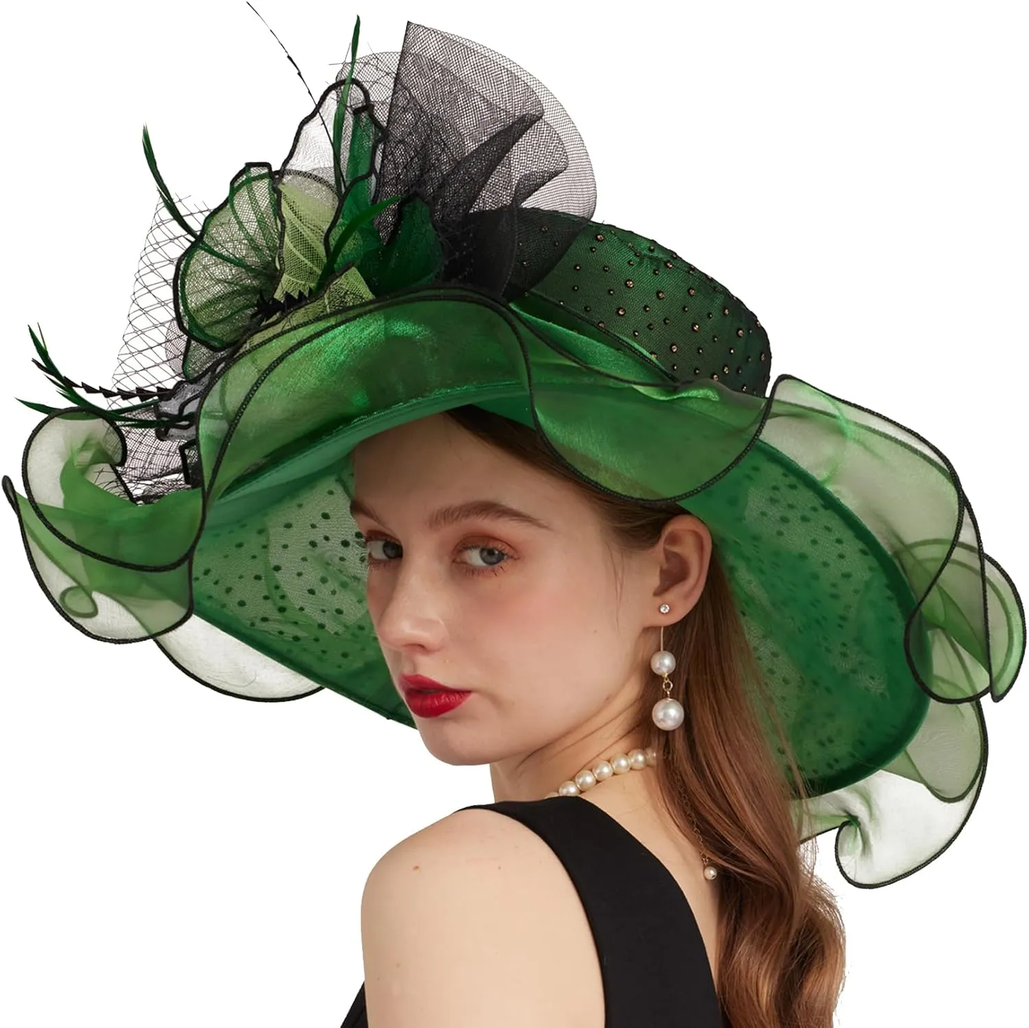 Women Elegant Organza Derby Hat Wide Brim Sun Hats for Wedding Tea Party Fascinator Hat