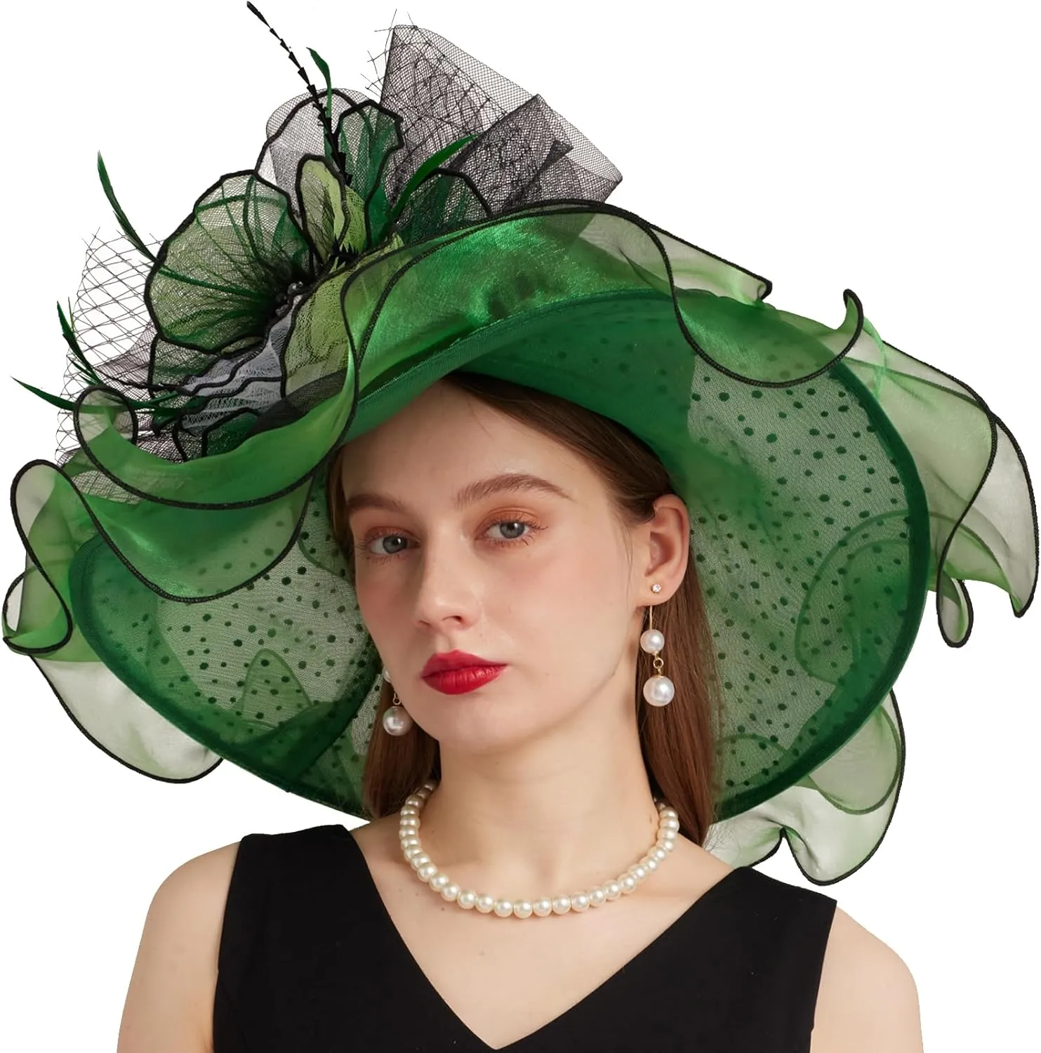 Women Elegant Organza Derby Hat Wide Brim Sun Hats for Wedding Tea Party Fascinator Hat