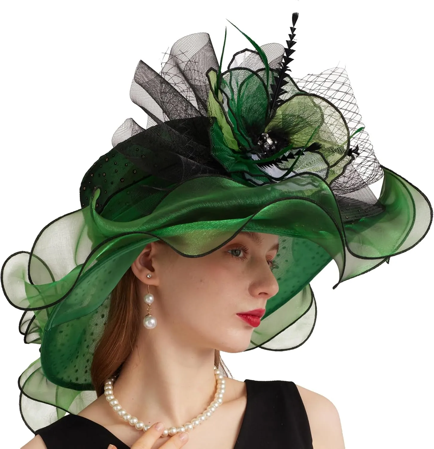 Women Elegant Organza Derby Hat Wide Brim Sun Hats for Wedding Tea Party Fascinator Hat