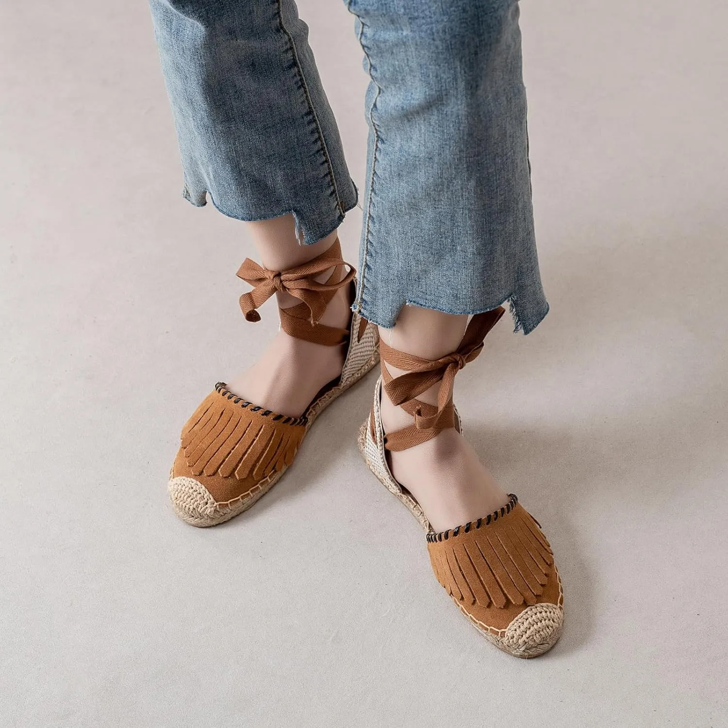 Women Espadrille Lace Up Flats Comfortable Summer Breathable Espadrille Sandals Adjustable Shoelace Dating Work Travel