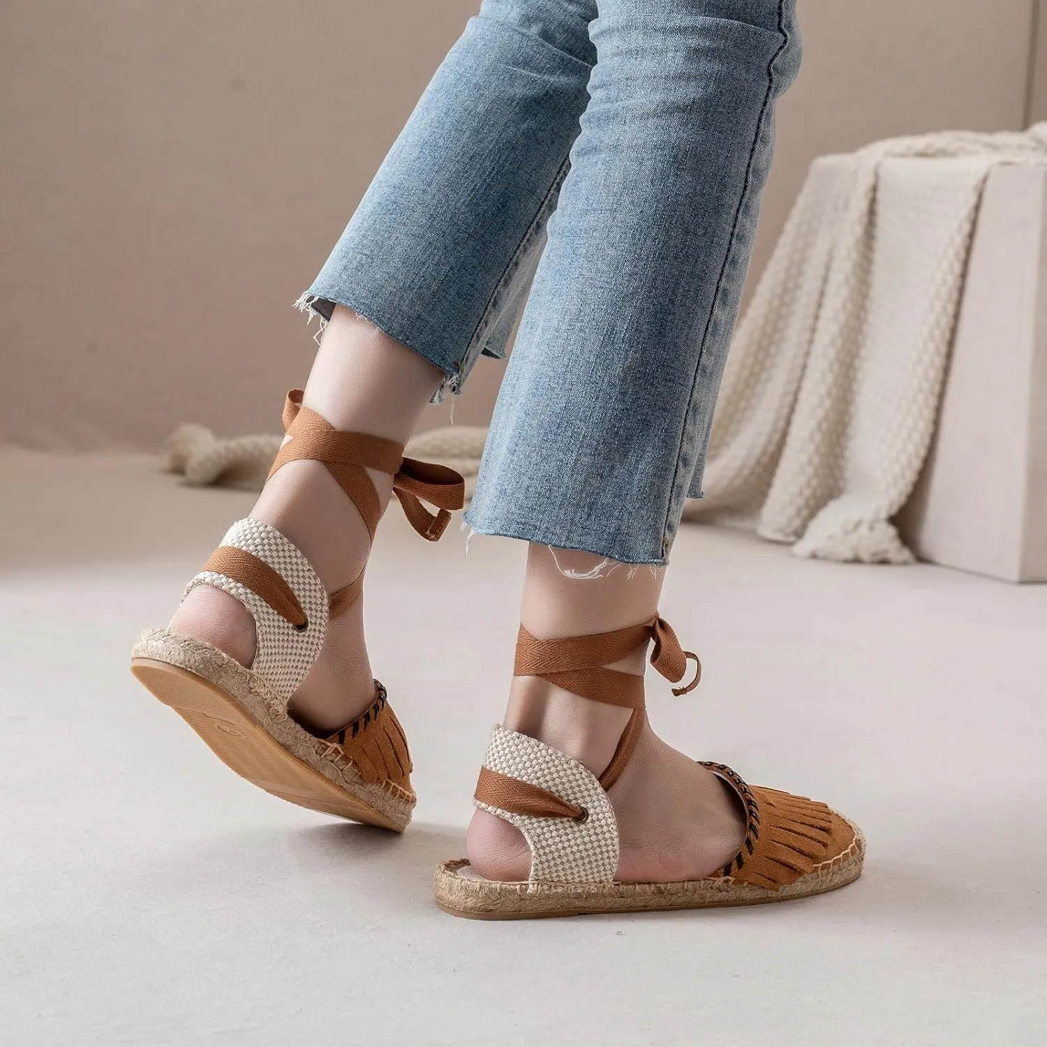 Women Espadrille Lace Up Flats Comfortable Summer Breathable Espadrille Sandals Adjustable Shoelace Dating Work Travel
