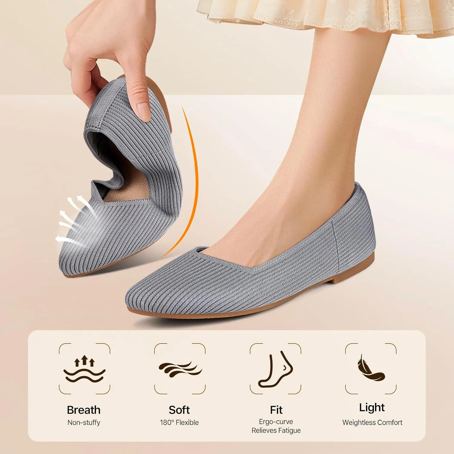 Women Flats Non-Slip Shoes Pointed Toe Knit Ballet Softable Casual Shoes Work Flats Comfortable Dressy for Woman