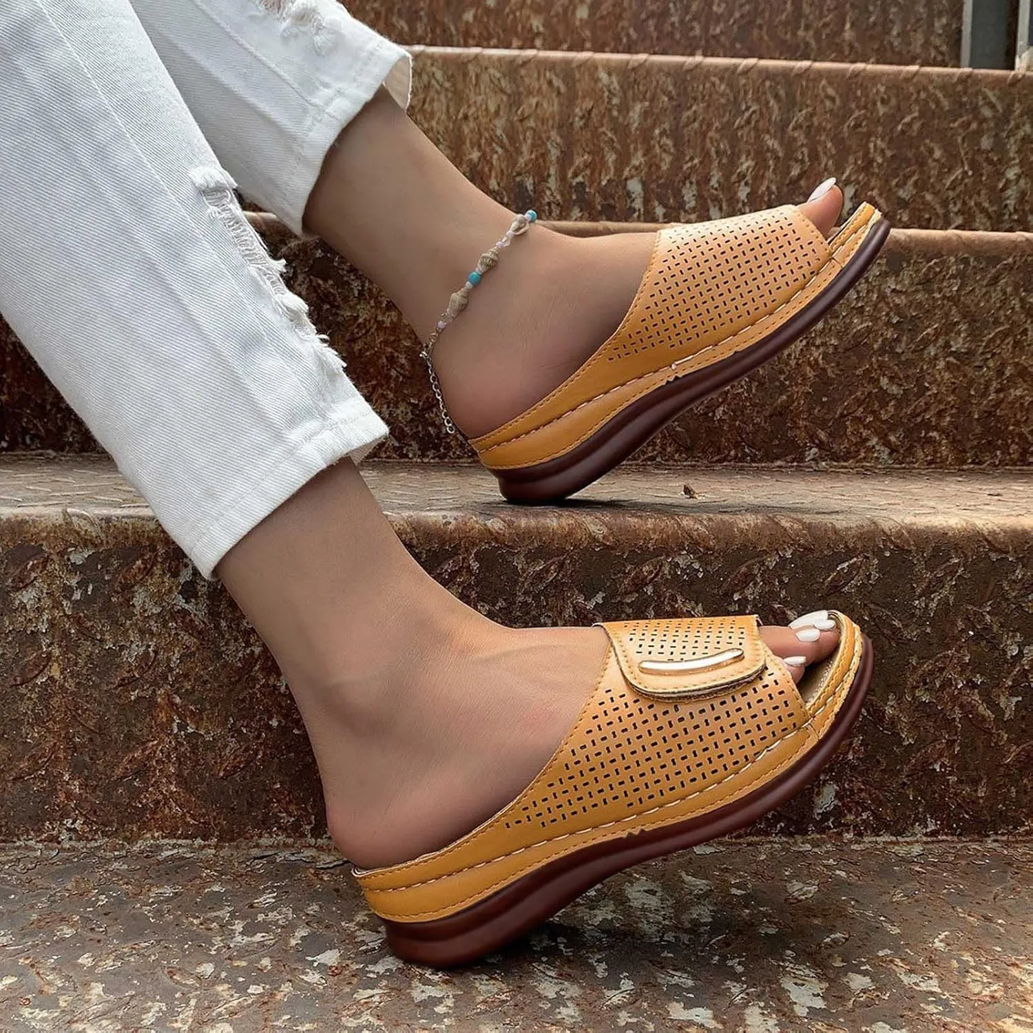 Women Low Wedge Arch Support Sandals Hollow Breathable Orthopedic Ladies Comfort Summer Slippers