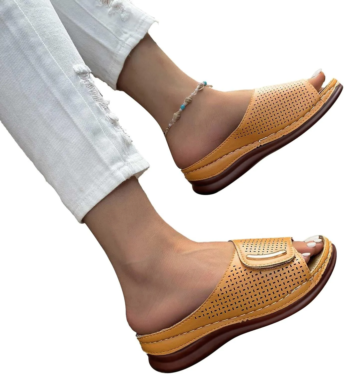 Women Low Wedge Arch Support Sandals Hollow Breathable Orthopedic Ladies Comfort Summer Slippers