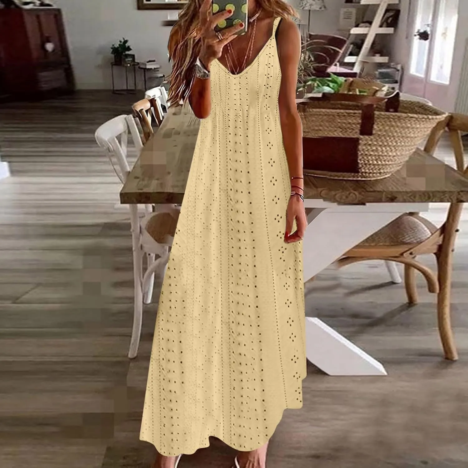 Women Spaghetti Strap A Line Sundress Simple Solid Color Maxi Dress V Neck Loose Casual Summer Dresses