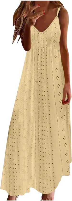 Women Spaghetti Strap A Line Sundress Simple Solid Color Maxi Dress V Neck Loose Casual Summer Dresses