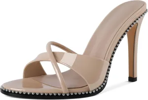 Women Stilettos High Heels Mules Open Round Toe Sandals Slip-on Comfort Sexy Dress Beaded Pumps Sandals Evening Party Prom 4 Inch Heeled Sandals