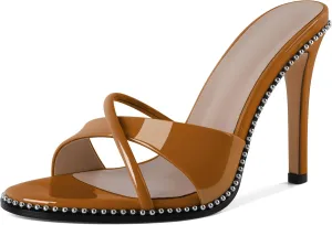 Women Stilettos High Heels Mules Open Round Toe Sandals Slip-on Comfort Sexy Dress Beaded Pumps Sandals Evening Party Prom 4 Inch Heeled Sandals