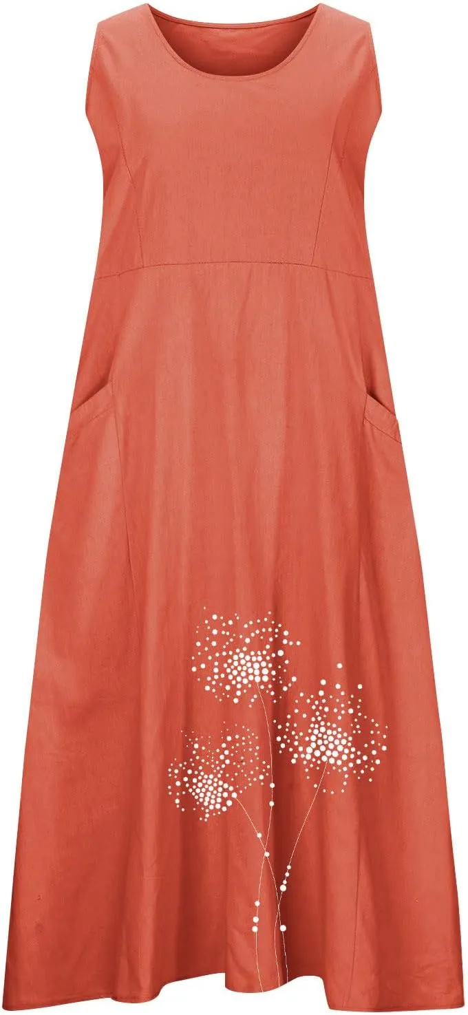 Women Summer Linen Dresses Casual Long Sun Dress Comfy Floral Maxi Dresses Trendy Summer Beach Outfits with Pocket
