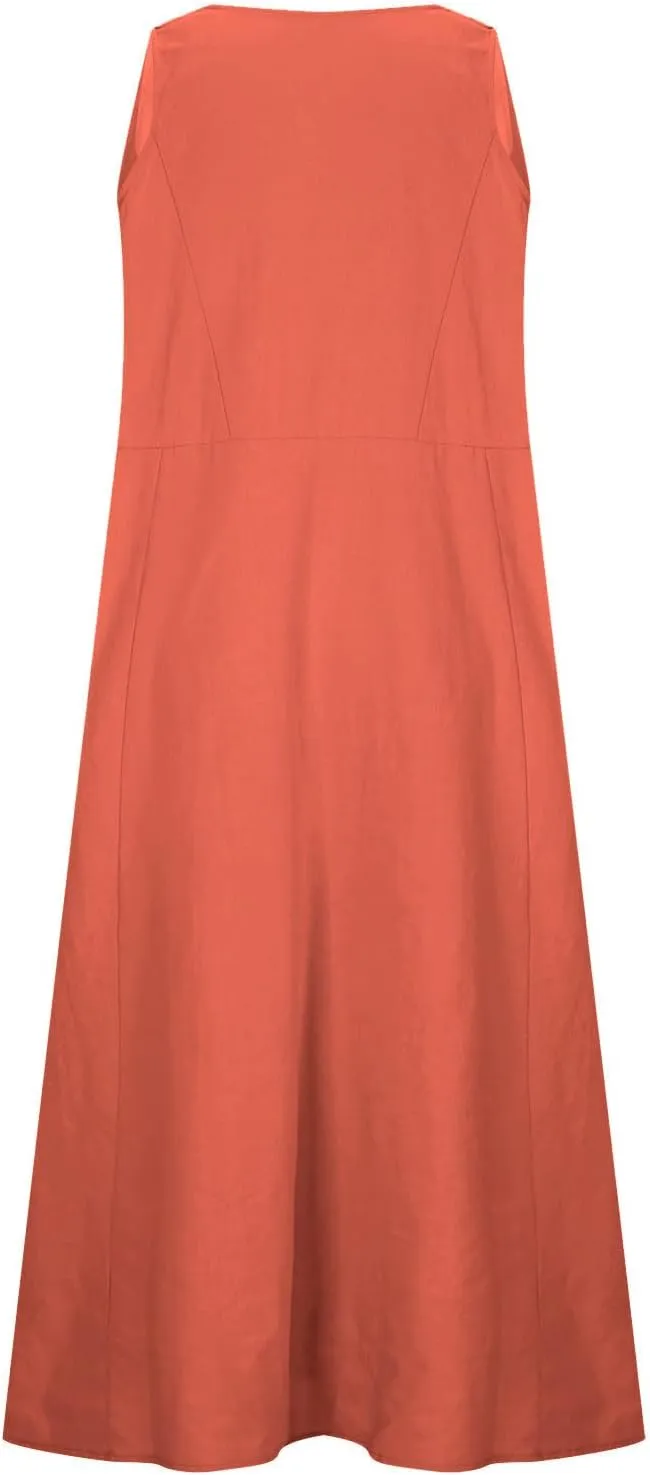 Women Summer Linen Dresses Casual Long Sun Dress Comfy Floral Maxi Dresses Trendy Summer Beach Outfits with Pocket