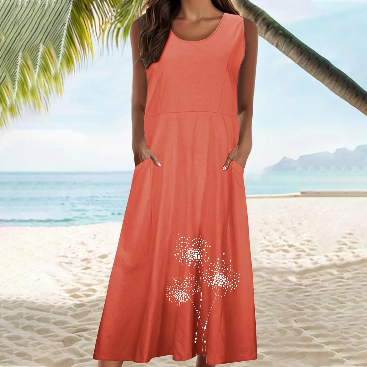 Women Summer Linen Dresses Casual Long Sun Dress Comfy Floral Maxi Dresses Trendy Summer Beach Outfits with Pocket