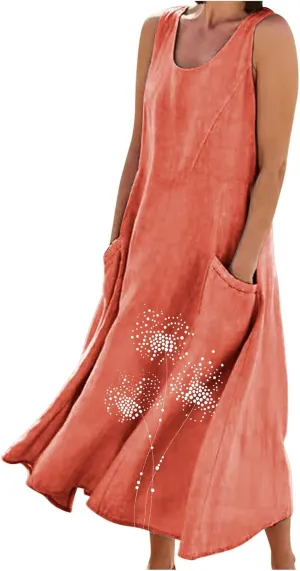 Women Summer Linen Dresses Casual Long Sun Dress Comfy Floral Maxi Dresses Trendy Summer Beach Outfits with Pocket