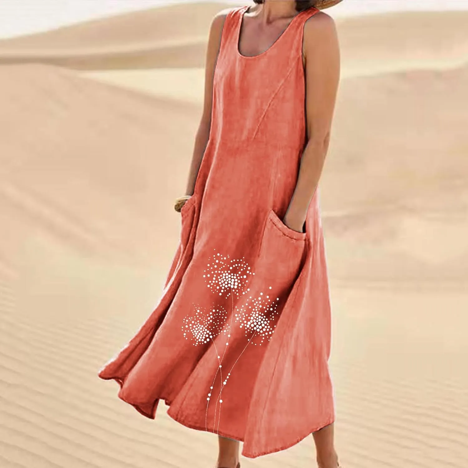Women Summer Linen Dresses Casual Long Sun Dress Comfy Floral Maxi Dresses Trendy Summer Beach Outfits with Pocket