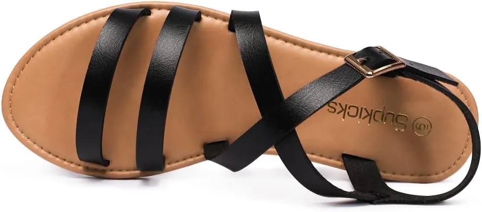 Women's Ankle Strap Flat Sandals Open Toe Breathable Summer Fisherman Sandals Adjustable Buckle Crossed Strappy Two Band Comfy Casual Gladiator Sandal