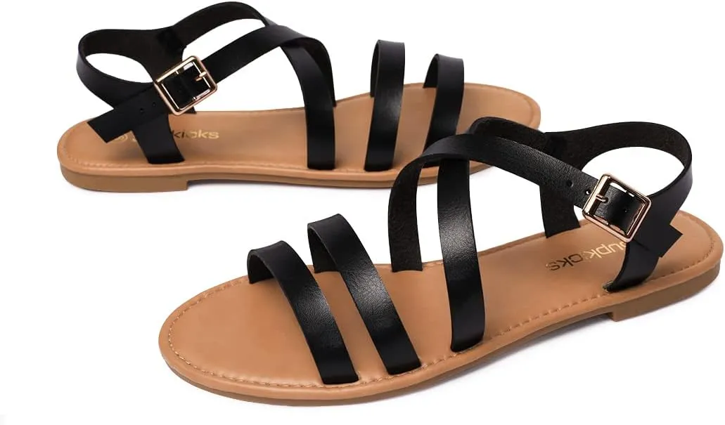 Women's Ankle Strap Flat Sandals Open Toe Breathable Summer Fisherman Sandals Adjustable Buckle Crossed Strappy Two Band Comfy Casual Gladiator Sandal